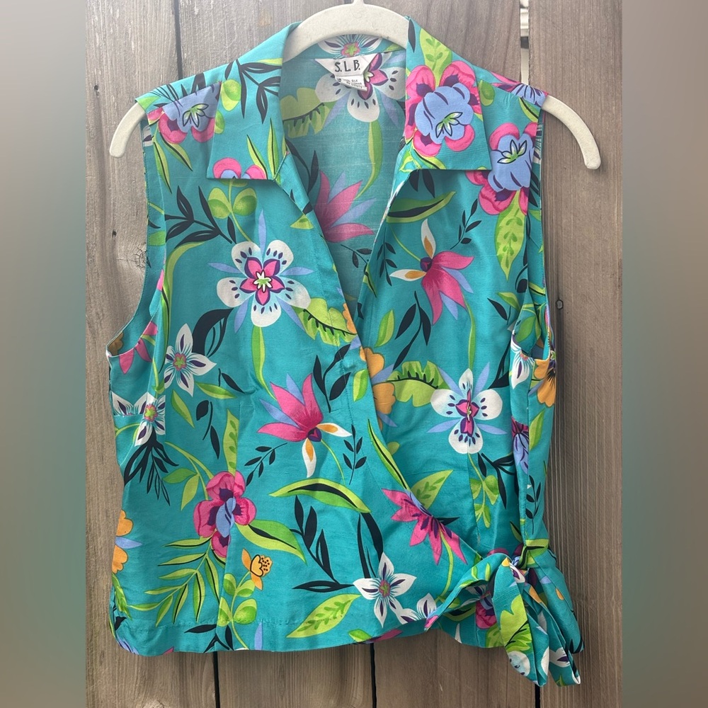 S.L.B. Silk Floral Turquoise Pink Wrap Top Blouse Tropical Beach Women’s 12